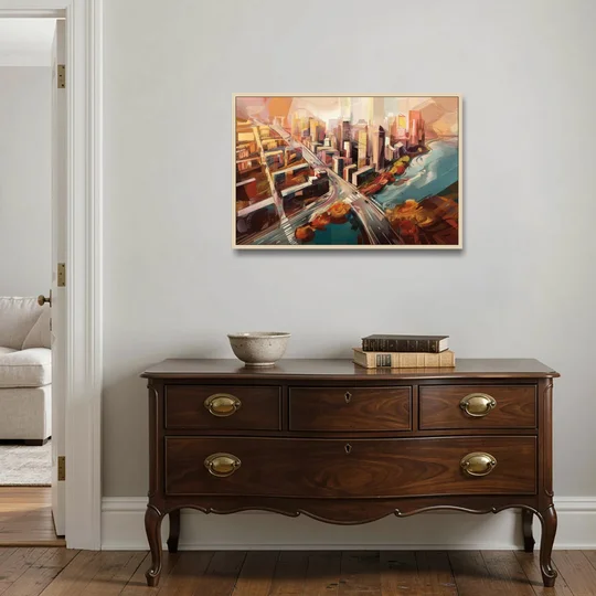Boston City Streets Aerial View - Oak Framed Canvas Wall Art - Coffee Table - 36x24