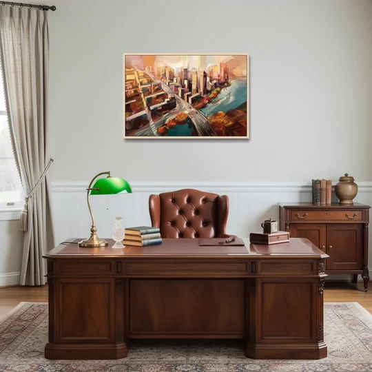 Boston City Streets Aerial View - Oak Framed Canvas Wall Art - Office - 36x24