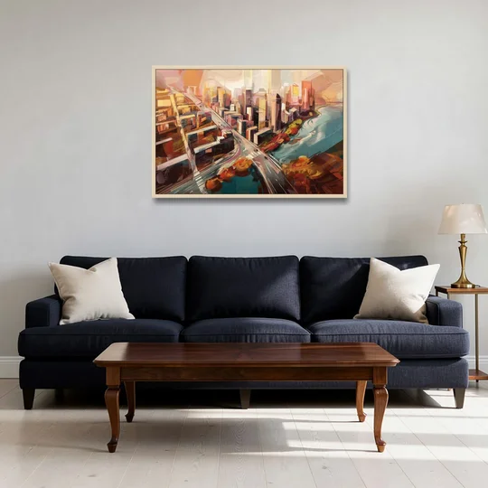 Boston City Streets Aerial View - Oak Framed Canvas Wall Art - Sofa - 36x24