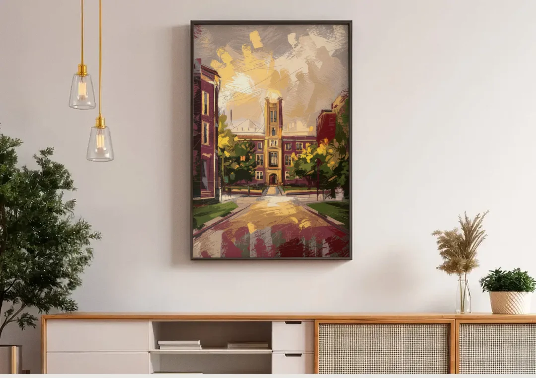 Boston College Eagles Spirit canvas wall art above a wooden sideboard under pendant lights