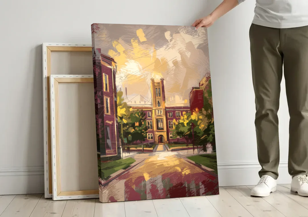 Boston College Eagles Spirit canvas wall art leaning against a wall next to blank canvases