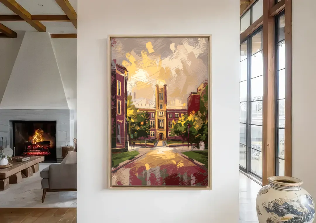 Boston College Eagles Spirit canvas wall art in a living room with a fireplace