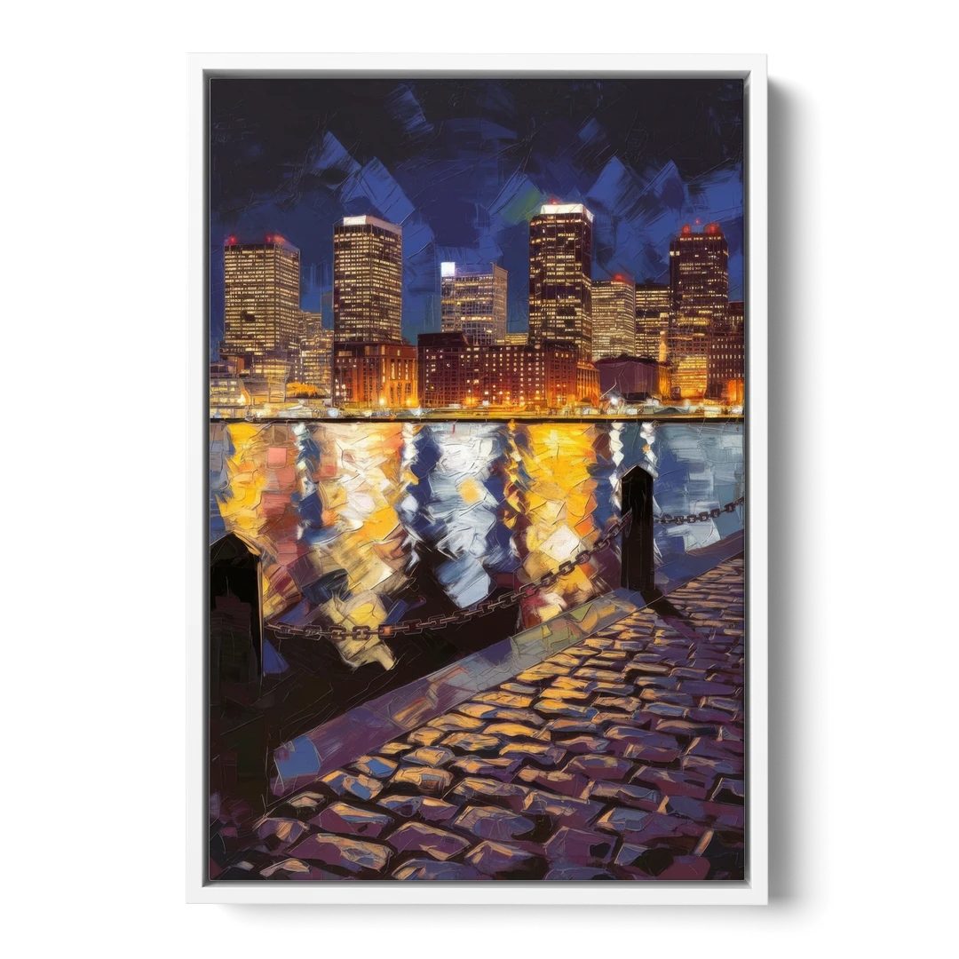 Boston Downtown Night Lights - White Framed Canvas Wall Art - Front