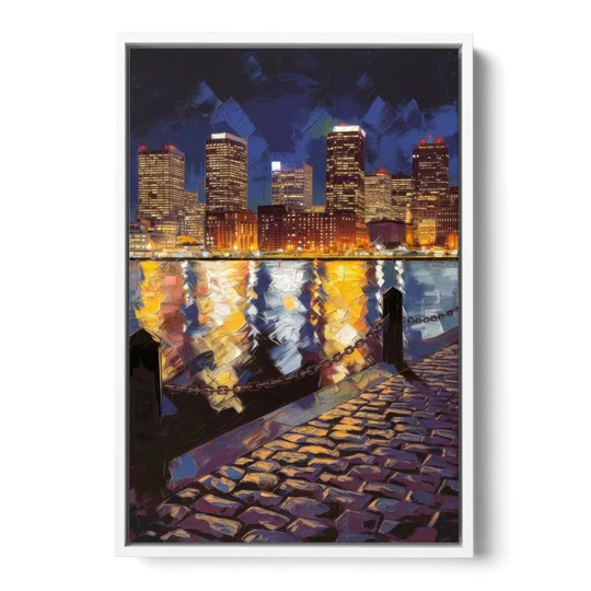 Boston Downtown Night Lights - White Framed Canvas Wall Art - Front