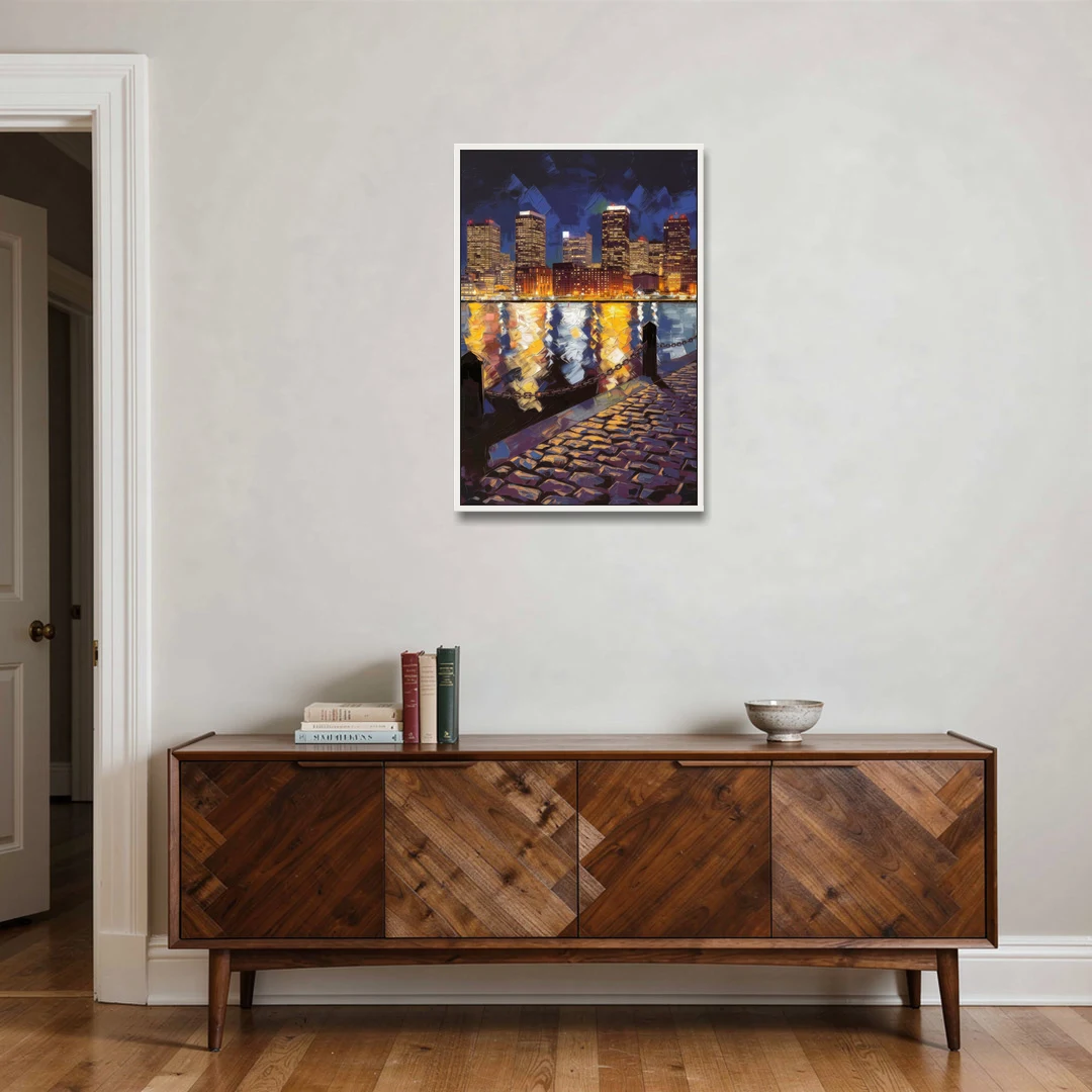 Boston Downtown Night Lights - White Framed Canvas Wall Art - Coffee Table - 24x36