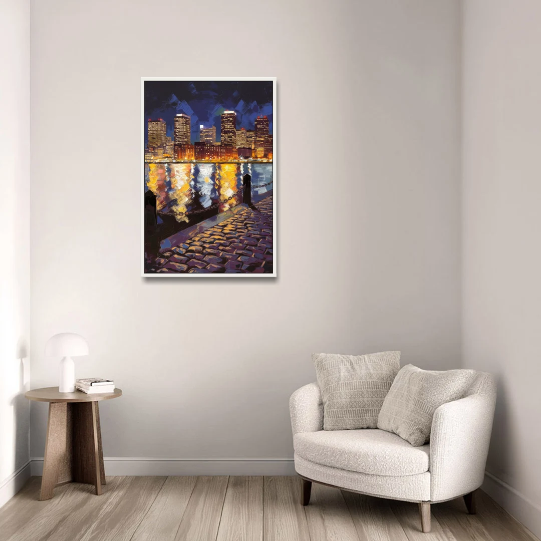 Boston Downtown Night Lights - White Framed Canvas Wall Art - Sofa - 24x36