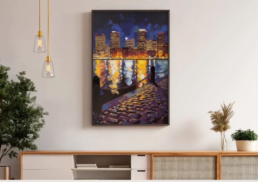 Boston Downtown Night Lights canvas wall art above a wooden sideboard under pendant lights