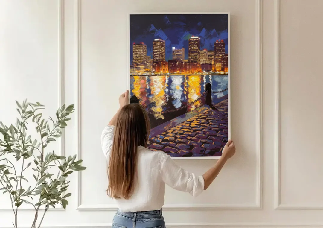 Boston Downtown Night Lights canvas wall art being hung on a paneled wall