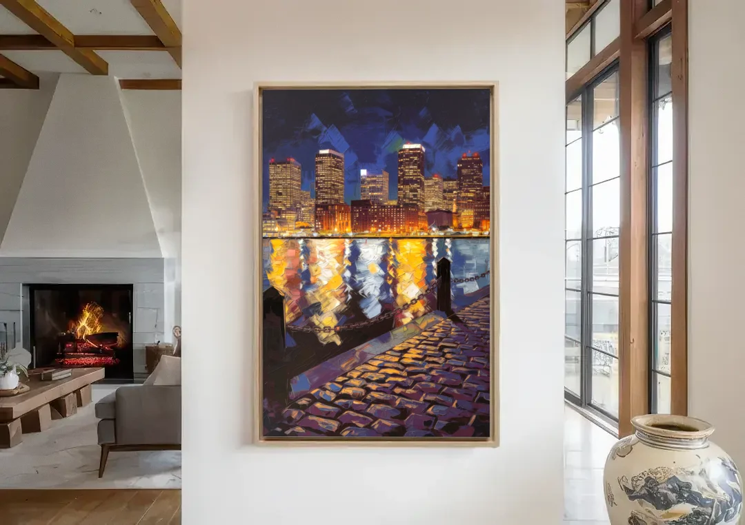 Boston Downtown Night Lights canvas wall art in a living room with a fireplace