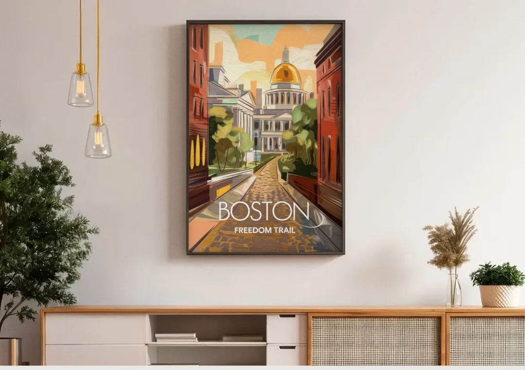 Boston Freedom Trail Highlights canvas wall art above a wooden sideboard under pendant lights