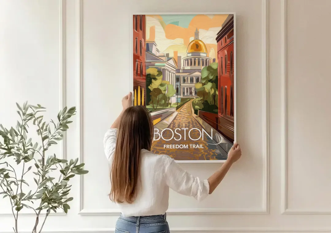 Boston Freedom Trail Highlights canvas wall art being hung on a paneled wall