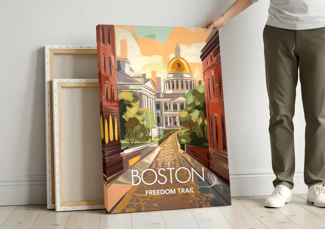 Boston Freedom Trail Highlights canvas wall art leaning against a wall next to blank canvases