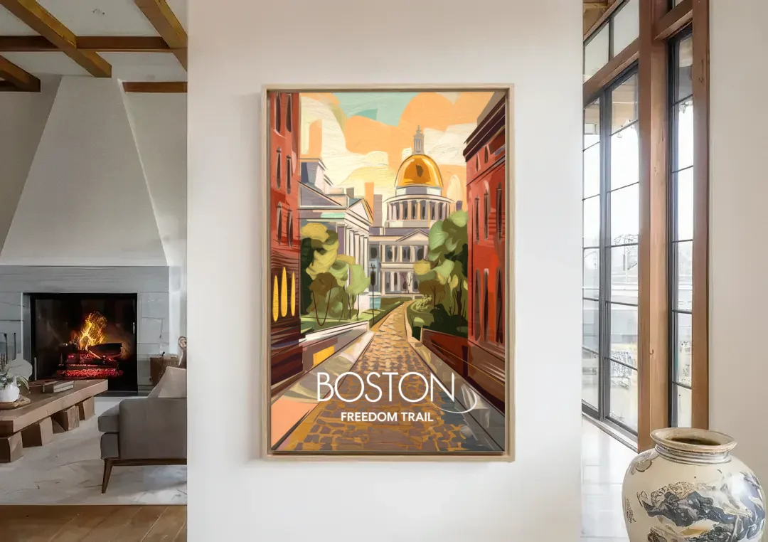 Boston Freedom Trail Highlights canvas wall art in a living room with a fireplace