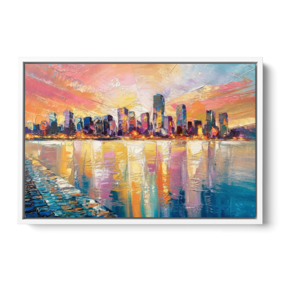 Boston Harbor Sunrise - White Framed Canvas Wall Art - Front