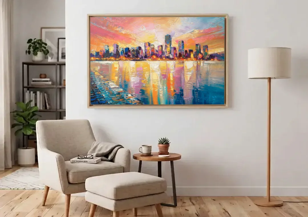 Boston Harbor Sunrise canvas wall art above an armchair in a bright living room