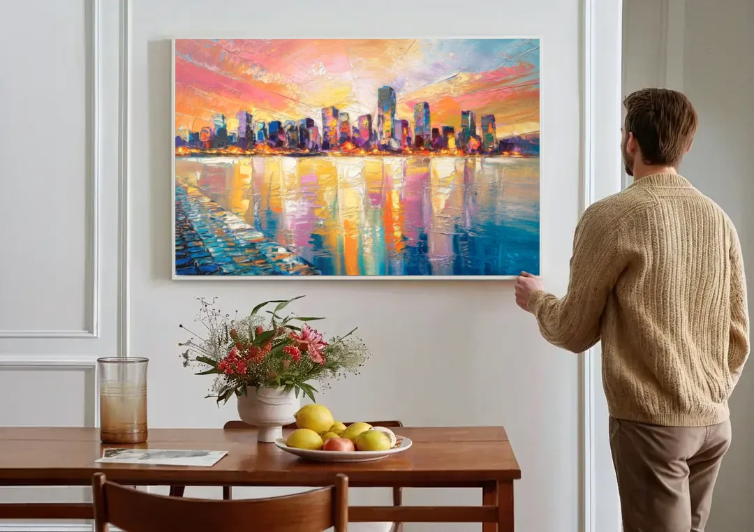 Boston Harbor Sunrise canvas wall art above a dining table