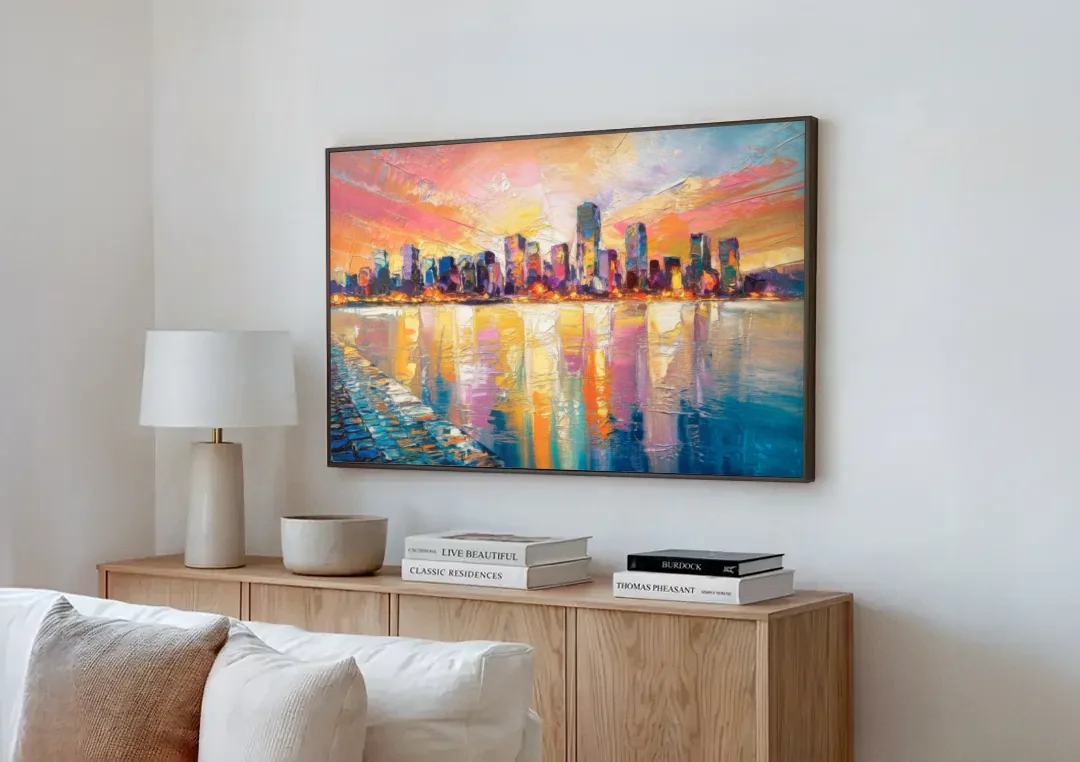 Boston Harbor Sunrise canvas wall art above a wooden sideboard next to a sofa