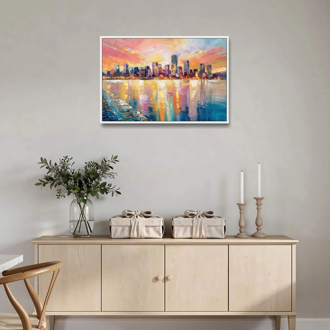 Boston Harbor Sunrise - White Framed Canvas Wall Art - Coffee Table - 36x24