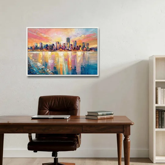 Boston Harbor Sunrise - White Framed Canvas Wall Art - Office - 36x24