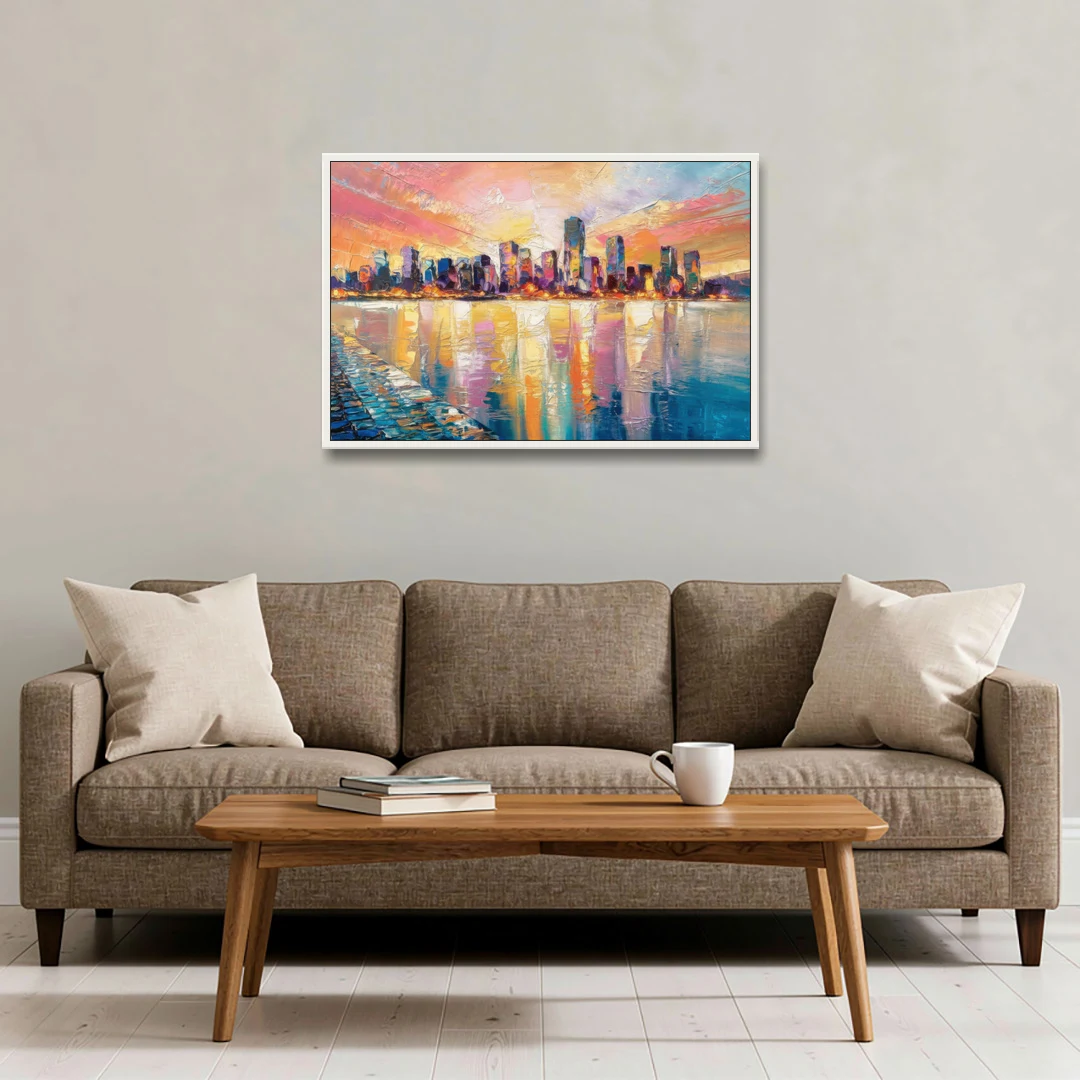 Boston Harbor Sunrise - White Framed Canvas Wall Art - Sofa - 36x24