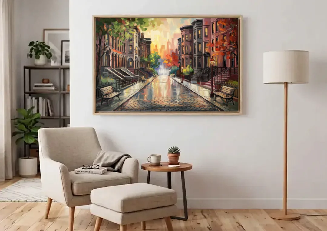 Boston Historic Neighborhoods canvas wall art above an armchair in a bright living room