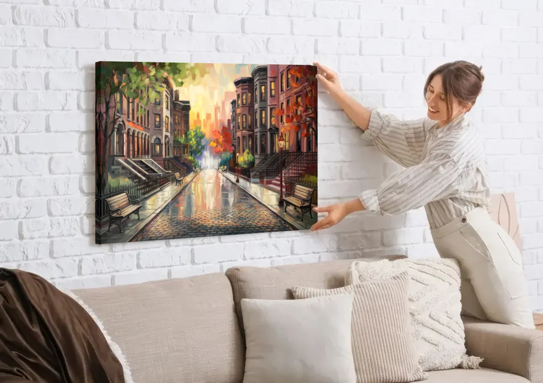 Boston Historic Neighborhoods canvas wall art being hung on a white brick wall above a sofa