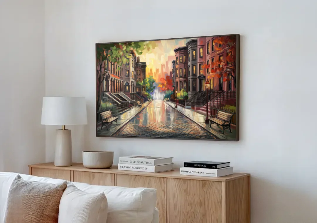 Boston Historic Neighborhoods canvas wall art above a wooden sideboard next to a sofa