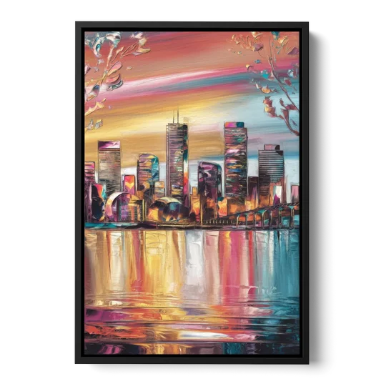 Boston Iconic Skyline Silhouette - Black Framed Canvas Wall Art - Front