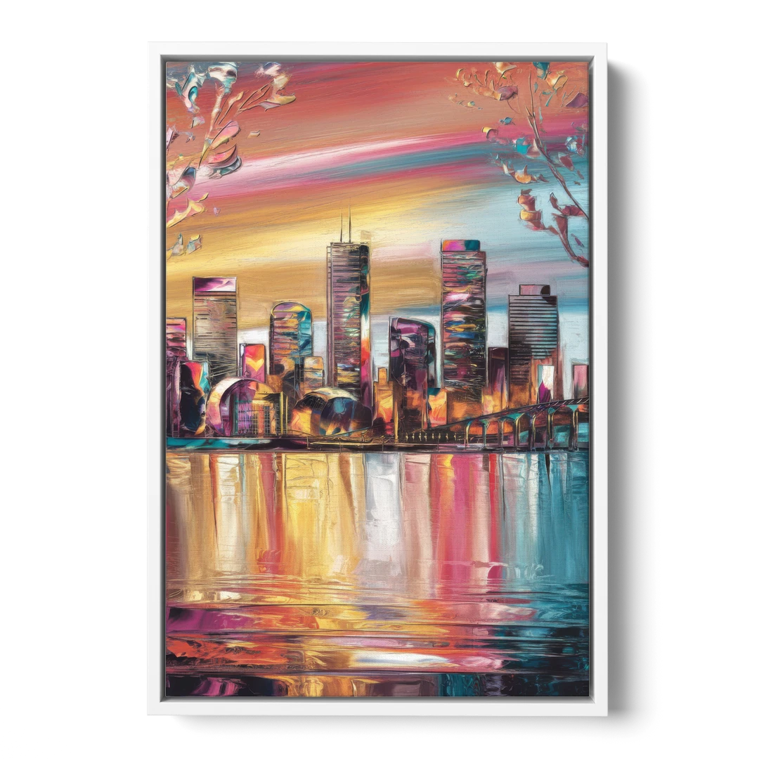 Boston Iconic Skyline Silhouette - White Framed Canvas Wall Art - Front