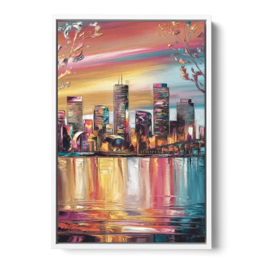 Boston Iconic Skyline Silhouette - White Framed Canvas Wall Art - Front