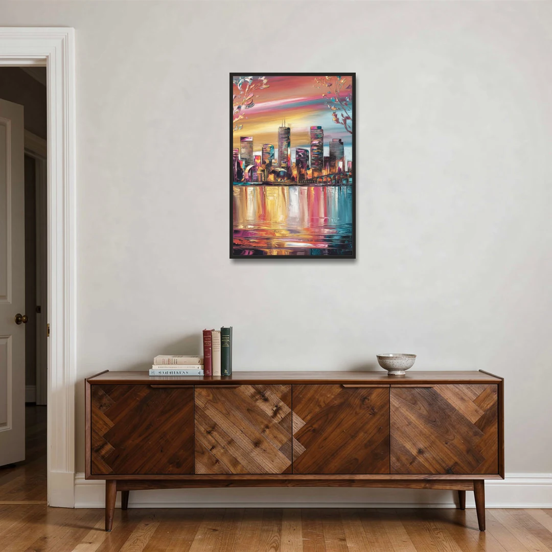 Boston Iconic Skyline Silhouette - Black Framed Canvas Wall Art - Coffee Table - 24x36