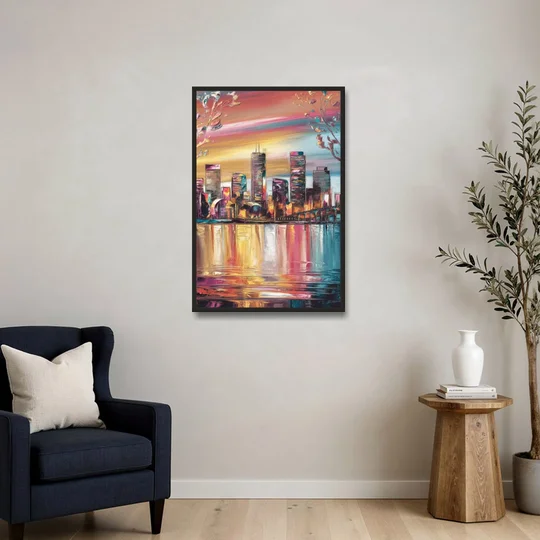 Boston Iconic Skyline Silhouette - Black Framed Canvas Wall Art - Sofa - 24x36
