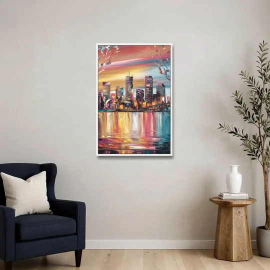 Boston Iconic Skyline Silhouette - White Framed Canvas Wall Art - Sofa - 24x36