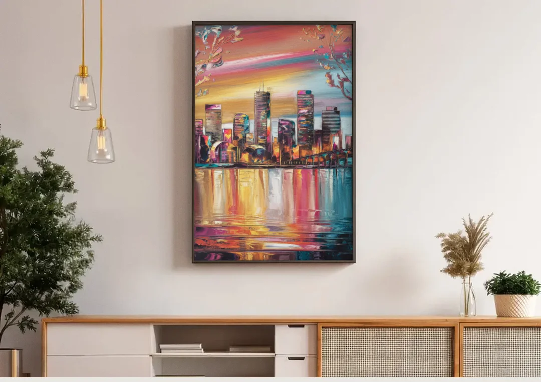 Boston Iconic Skyline Silhouette canvas wall art above a wooden sideboard under pendant lights
