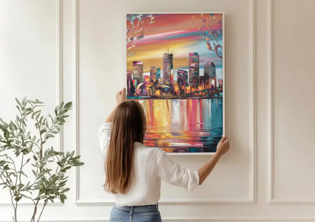 Boston Iconic Skyline Silhouette canvas wall art being hung on a paneled wall