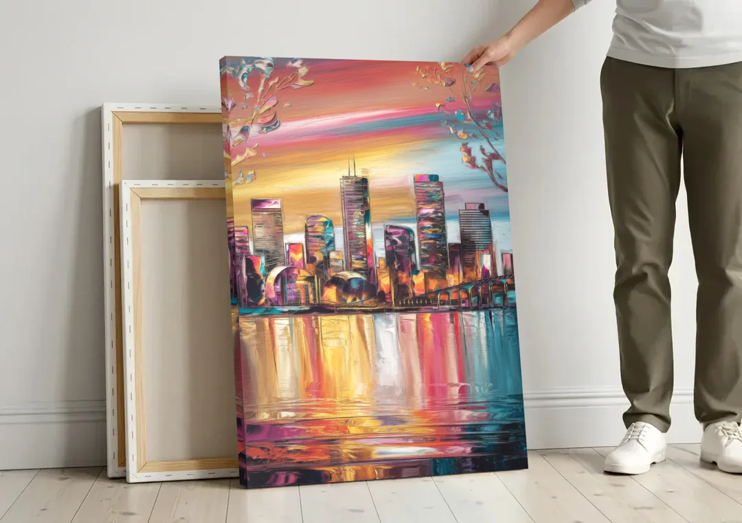 Boston Iconic Skyline Silhouette canvas wall art leaning against a wall next to blank canvases