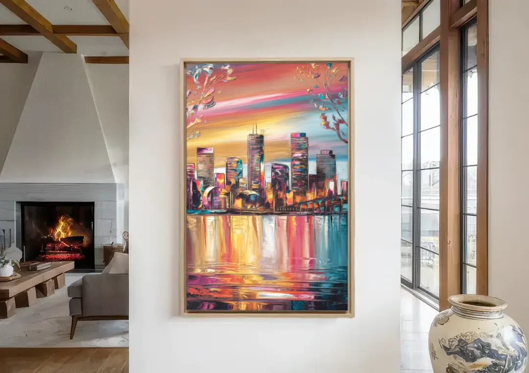 Boston Iconic Skyline Silhouette canvas wall art in a living room with a fireplace
