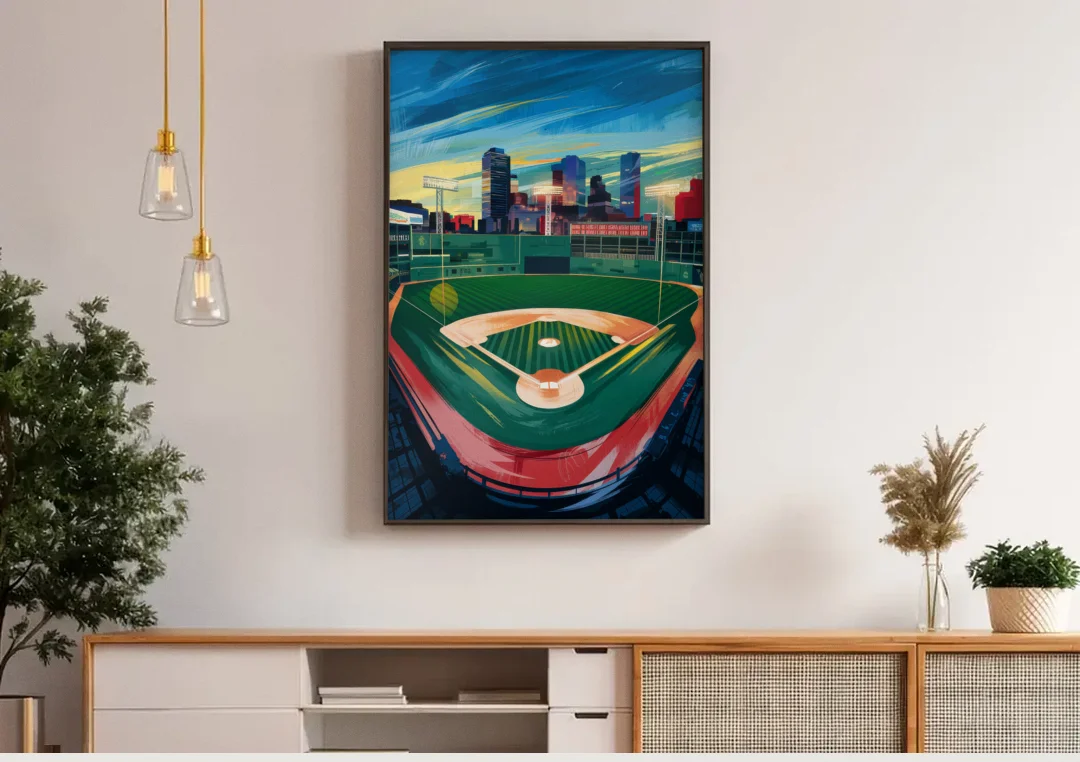 Boston Red Sox Fenway Park canvas wall art above a wooden sideboard under pendant lights