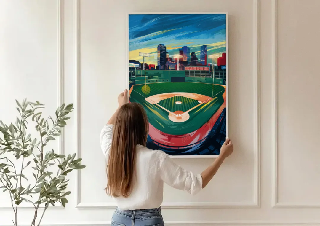 Boston Red Sox Fenway Park canvas wall art being hung on a paneled wall