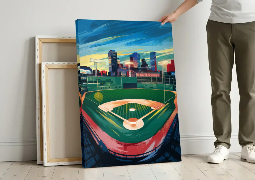 Boston Red Sox Fenway Park canvas wall art leaning against a wall next to blank canvases