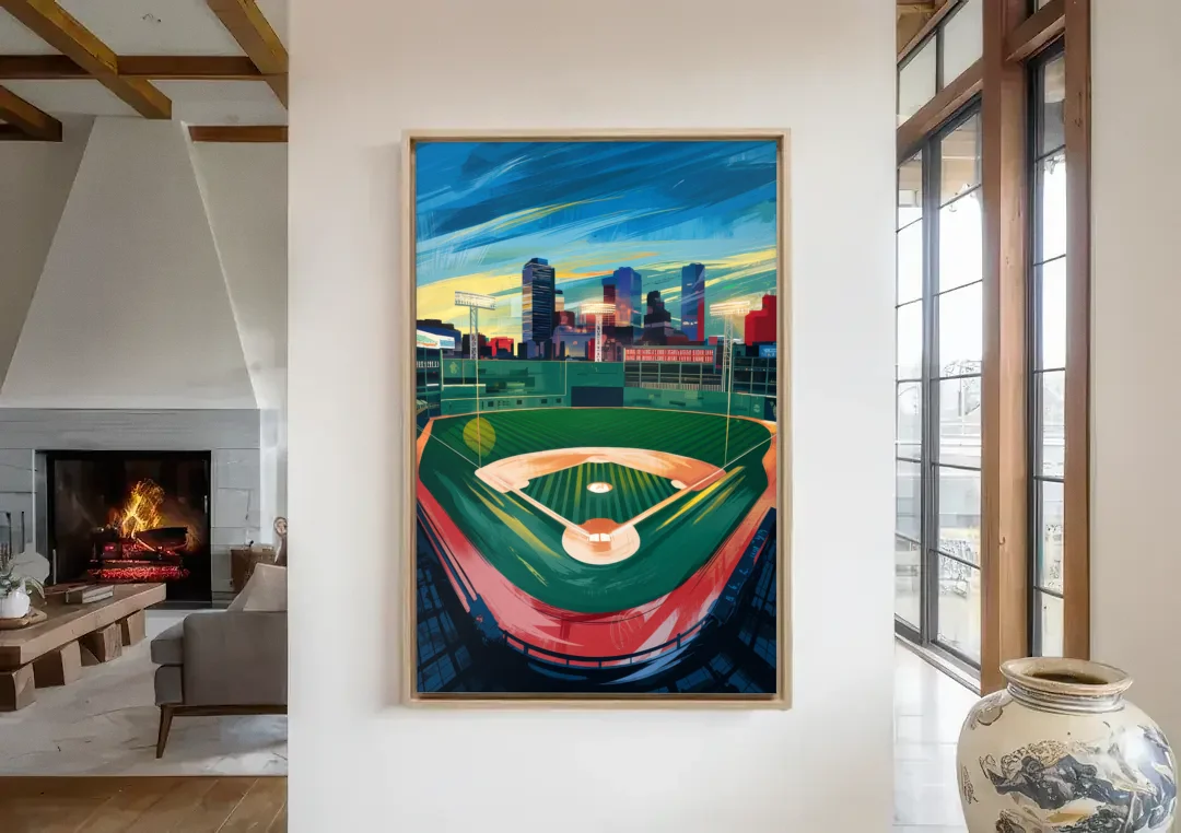 Boston Red Sox Fenway Park canvas wall art in a living room with a fireplace