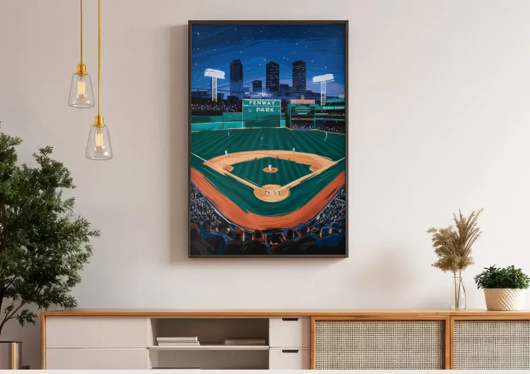 Boston Red Sox Photography canvas wall art above a wooden sideboard under pendant lights
