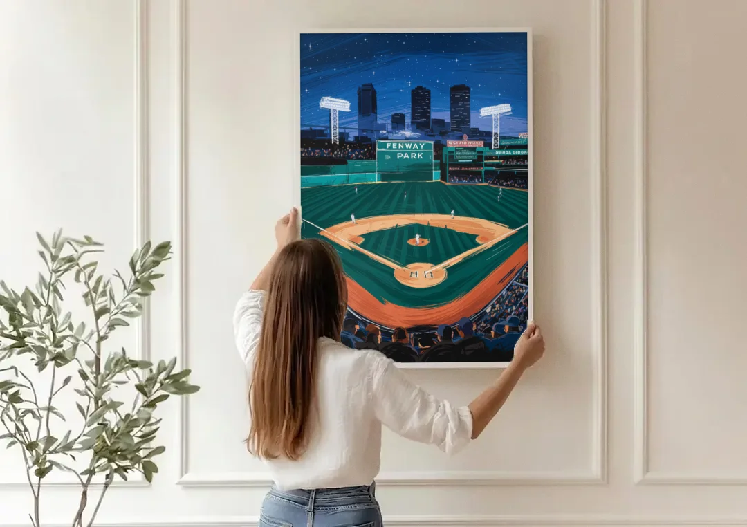 Boston Red Sox Photography canvas wall art being hung on a paneled wall