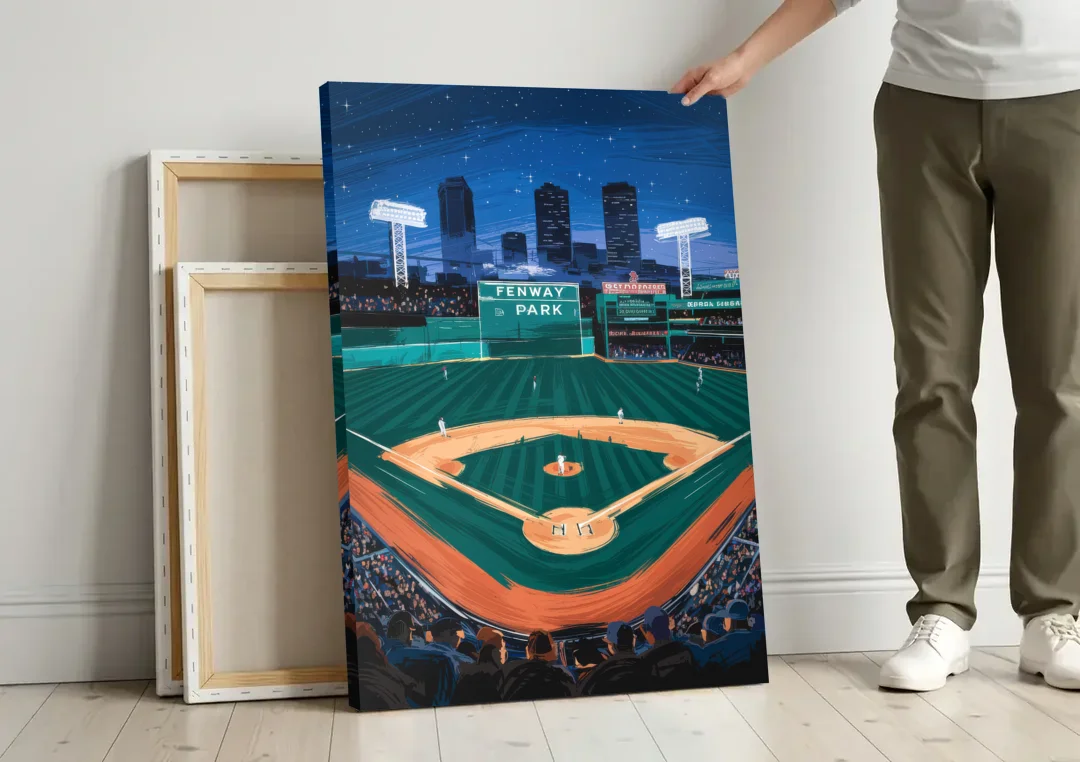 Boston Red Sox Photography canvas wall art leaning against a wall next to blank canvases