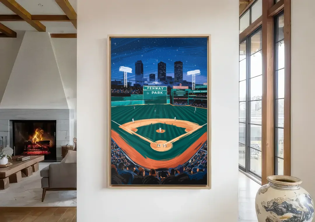 Boston Red Sox Photography canvas wall art in a living room with a fireplace