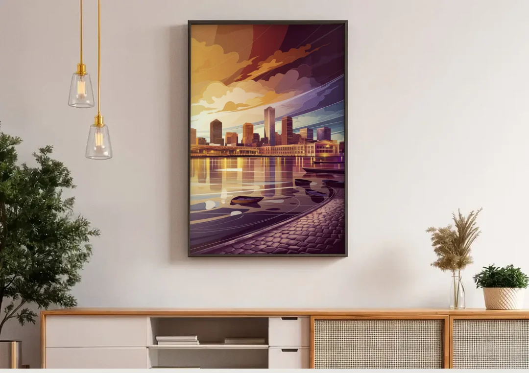 Boston Skyline at Sunset canvas wall art above a wooden sideboard under pendant lights