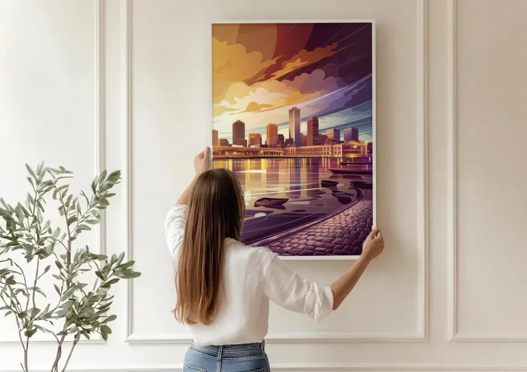 Boston Skyline at Sunset canvas wall art being hung on a paneled wall