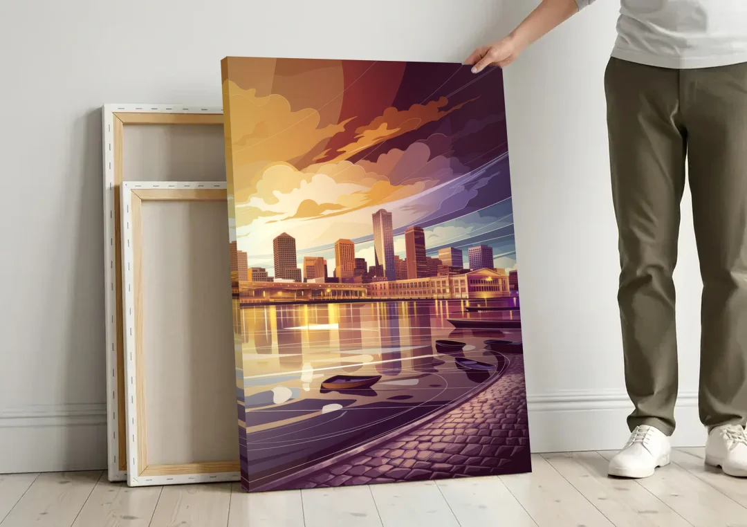Boston Skyline at Sunset canvas wall art leaning against a wall next to blank canvases