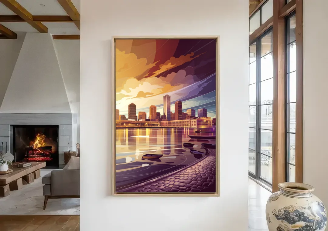 Boston Skyline at Sunset canvas wall art in a living room with a fireplace