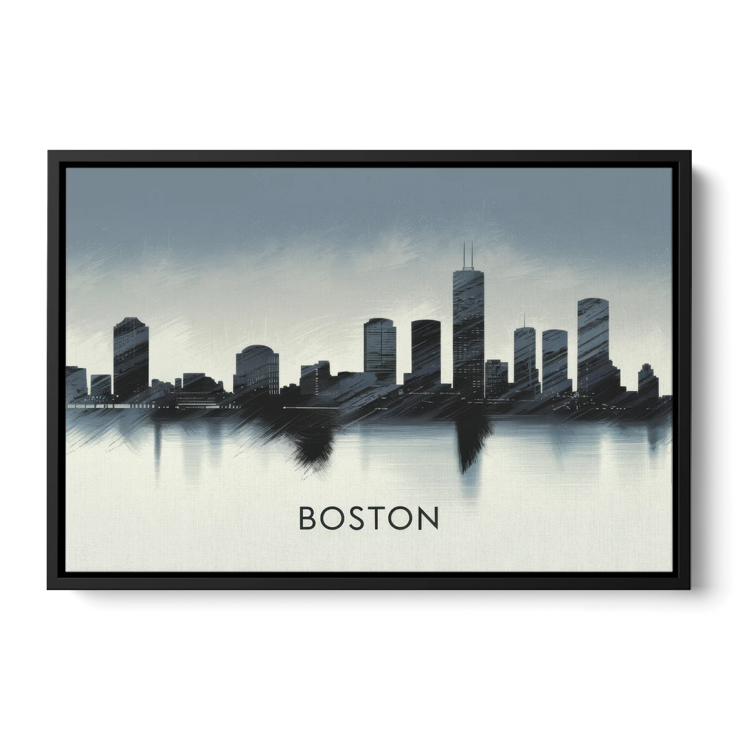 Boston Skyline In Fog - Black Framed Canvas Wall Art - Front